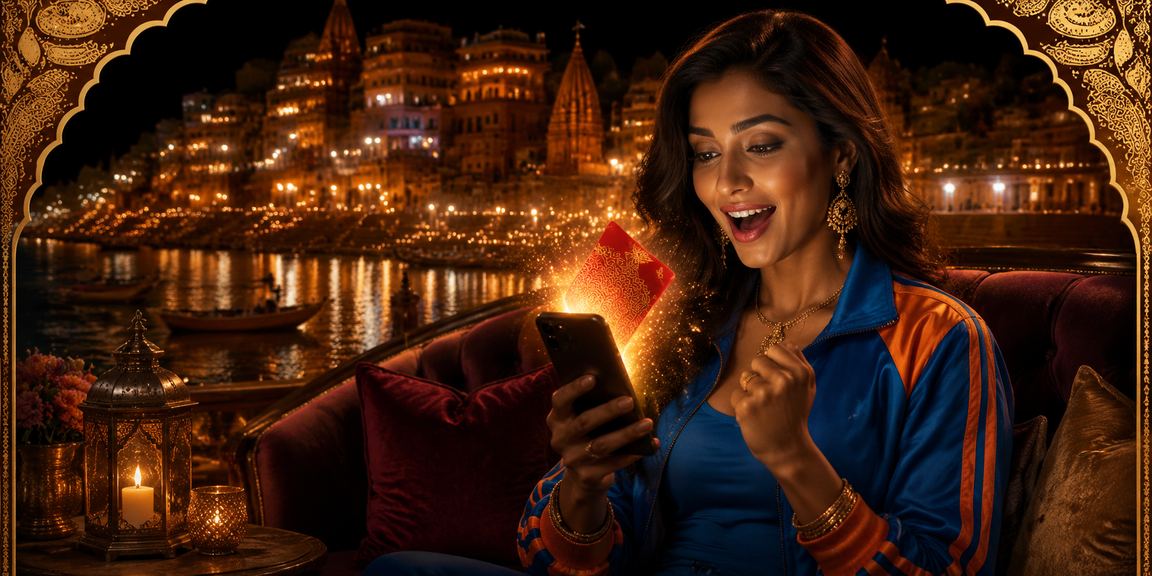 Scenic view of Varanasi with players betting on Andar Bahar card game